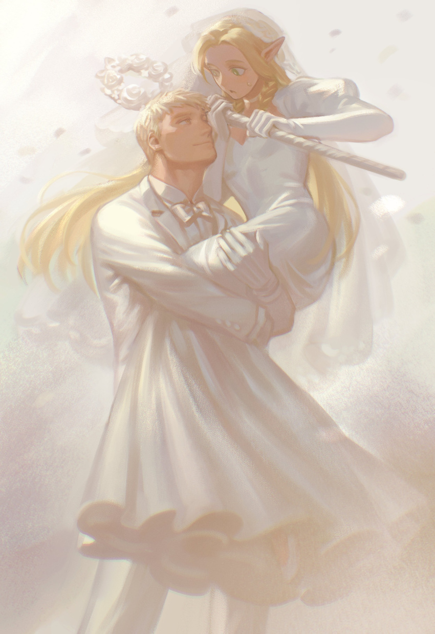 1boy, 1girl, absurdres, adapted_weapon, blonde_hair, bow, bowtie, braid