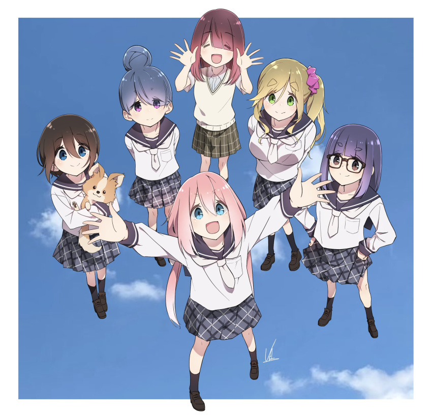 6+girls, black-framed_eyewear, black_hair, blue_eyes, blue_hair, blue_sky, breasts, brown_eyes, brown_hair, closed_eyes, closed_mouth, clouds, glasses, green_eyes, hair_between_eyes, hair_bun, highres, inuyama_aoi, kagamihara_nadeshiko, long_hair, long_sleeves, looking_at_viewer, motosu_school_uniform, multiple_girls, oogaki_chiaki, open_mouth, pink_hair, purple_hair, saitou_ena, school_uniform, shima_rin, shirt, short_hair, single_hair_bun, sky, smile, thick_eyebrows, toki_ayano, violet_eyes, yasu_(pixiv), yurucamp