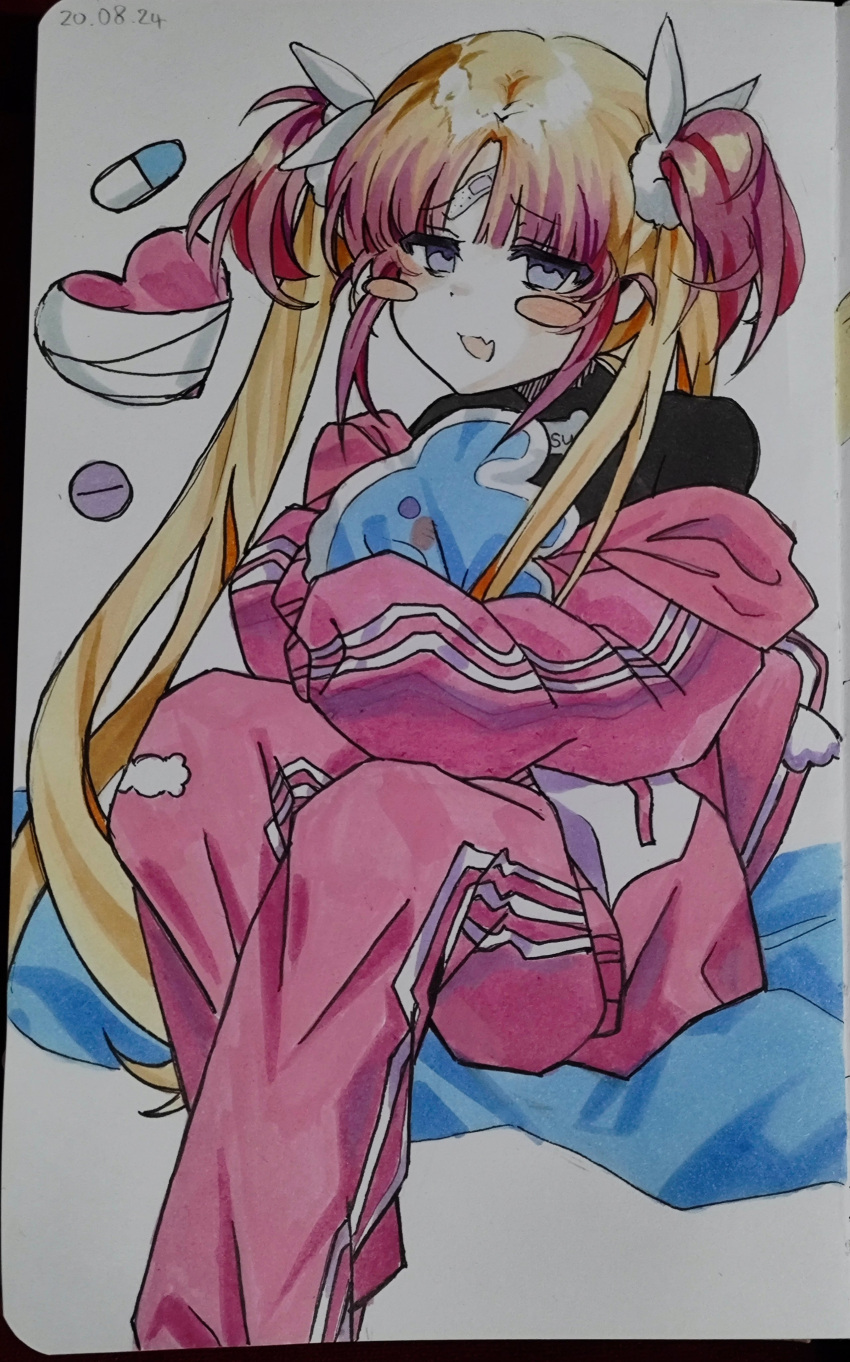 1girl, absurdres, black_shirt, blonde_hair, blue_eyes, colored_tips, fang, heart, highres, hugging_object, indie_virtual_youtuber, jacket, kyoresu, long_hair, looking_at_viewer, multicolored_hair, open_mouth, pants, parted_bangs, pill, pink_hair, pink_track_suit, rebrrro, shirt, sidelocks, simple_background, skin_fang, smile, solo, track_jacket, track_pants, track_suit, traditional_media, twintails, very_long_hair, white_background