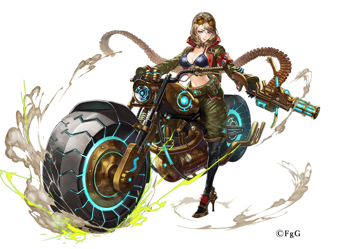1girl, armband, bikini, bikini_top_only, black_gloves, black_thighhighs, blonde_hair, caris_(dare_ga_tame_no_alchemist), closed_mouth, commentary_request, dare_ga_tame_no_alchemist, eyewear_on_head, full_body, gloves, green_jacket, green_pants, grey_eyes, gun, high_heels, holding, holding_gun, holding_weapon, jacket, looking_at_viewer, official_art, omori_yoshiwo, on_motorcycle, pants, second-party_source, simple_background, solo, sunglasses, swimsuit, thigh-highs, weapon, white_background