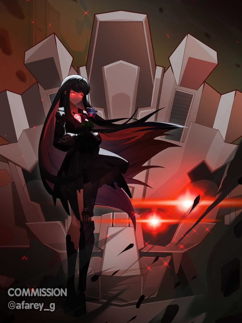 1girl, absurdres, afarey_granger, armored_core, black_dress, black_hair, colored_inner_hair, commission