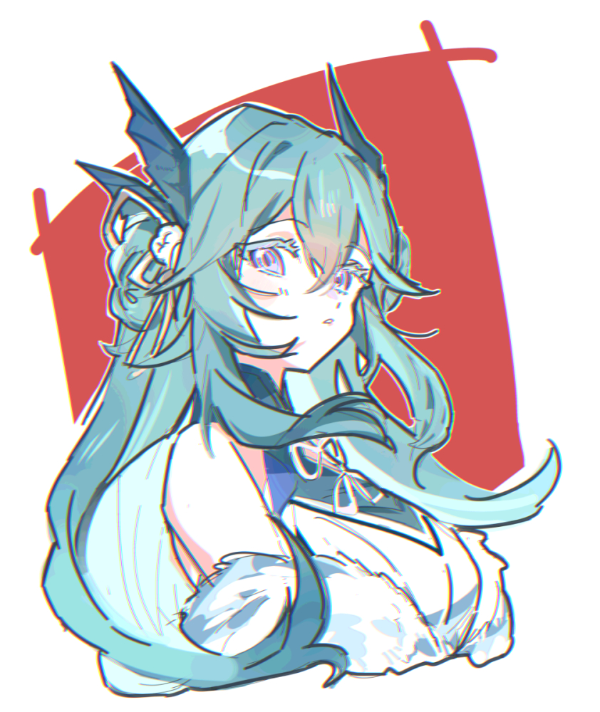 1girl, aqua_hair, bare_shoulders, blue_hair, braid, fins, hair_between_eyes, hair_ornament, head_fins, lamia_(pgr), long_hair, parted_lips, pom_pom_(clothes), pom_pom_hair_ornament, punishing:_gray_raven, shiraeda, sidelocks, solo, violet_eyes, white_pom_poms