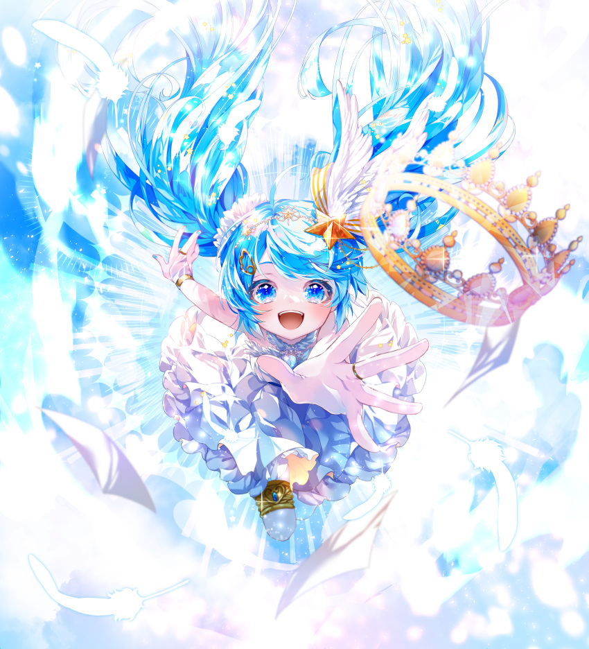 1girl, :d, absurdres, ahoge, beads, blue_eyes, blue_gemstone, blue_hair