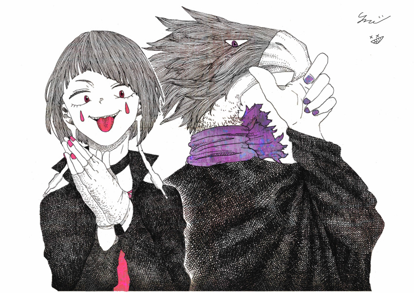 1boy, 1girl, absurdres, beak, bird_boy, black_cloak, black_jacket, boku_no_hero_academia