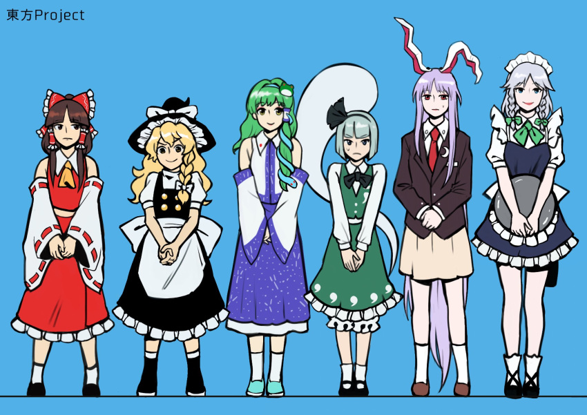 6+girls, :/, album_cover, animal_ears, apron, aqua_footwear, ascot, bare_shoulders