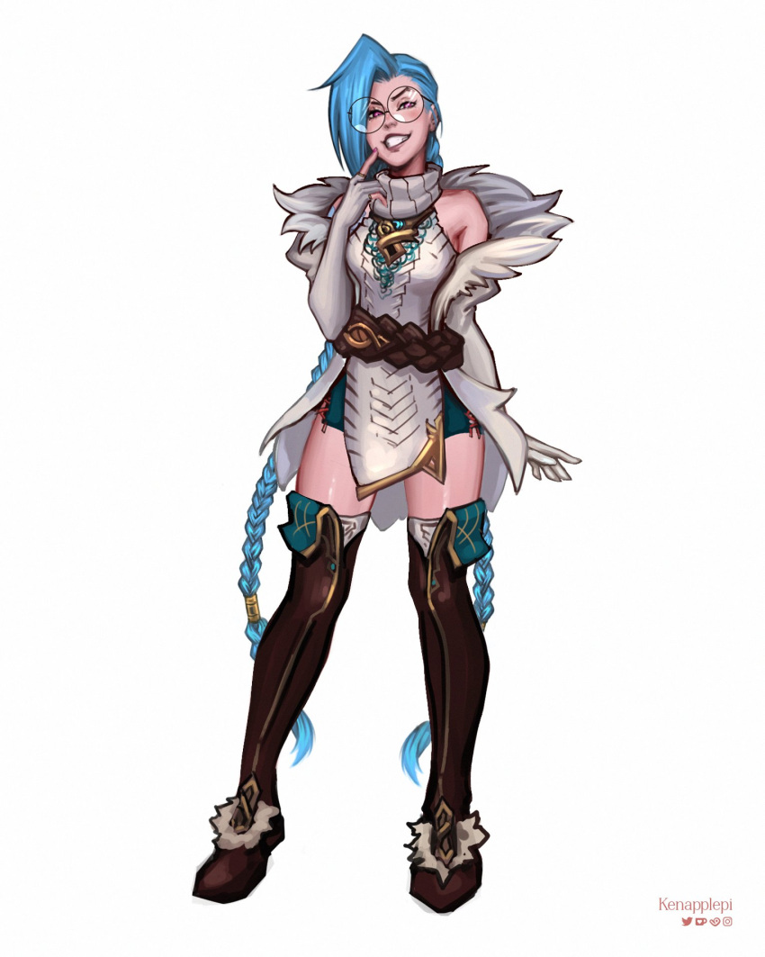 1girl, artist_name, aurora_(league_of_legends), aurora_(league_of_legends)_(cosplay), bare_shoulders, bespectacled, boots, braid