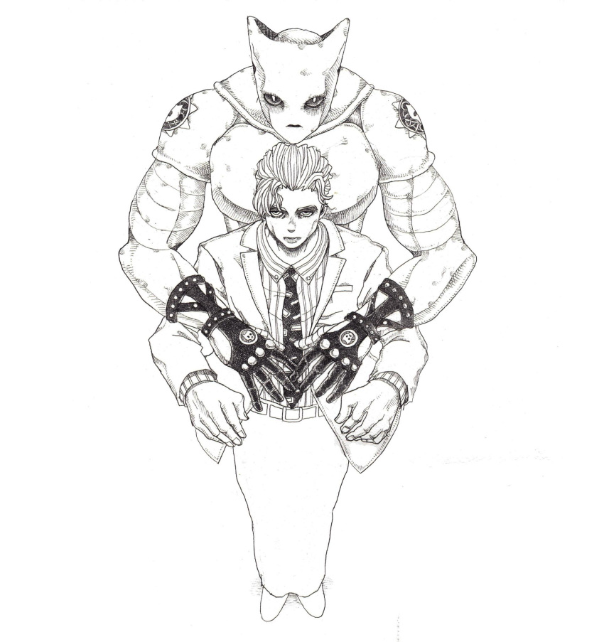 1boy, 1other, almond_eyes, belt, coat, commentary, diamond_wa_kudakenai, gloves