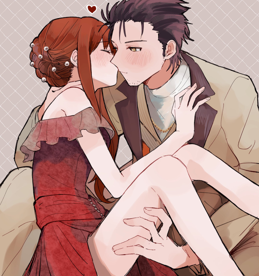 1boy, 1girl, alternate_costume, black_hair, blush, brown_background, brown_jacket, closed_mouth