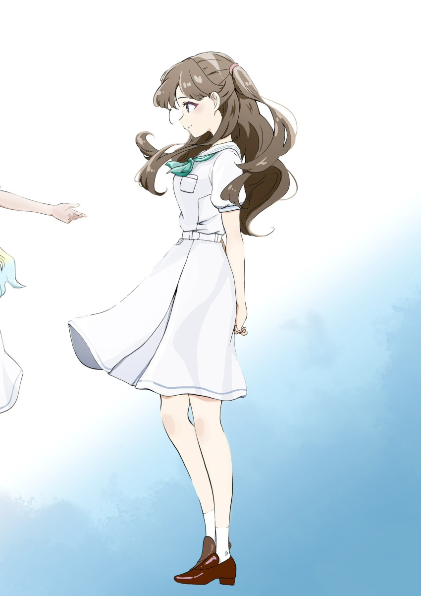 2girls, aqua_neckerchief, arms_behind_back, blonde_hair, blue_hair, breast_pocket, brown_footwear, brown_hair