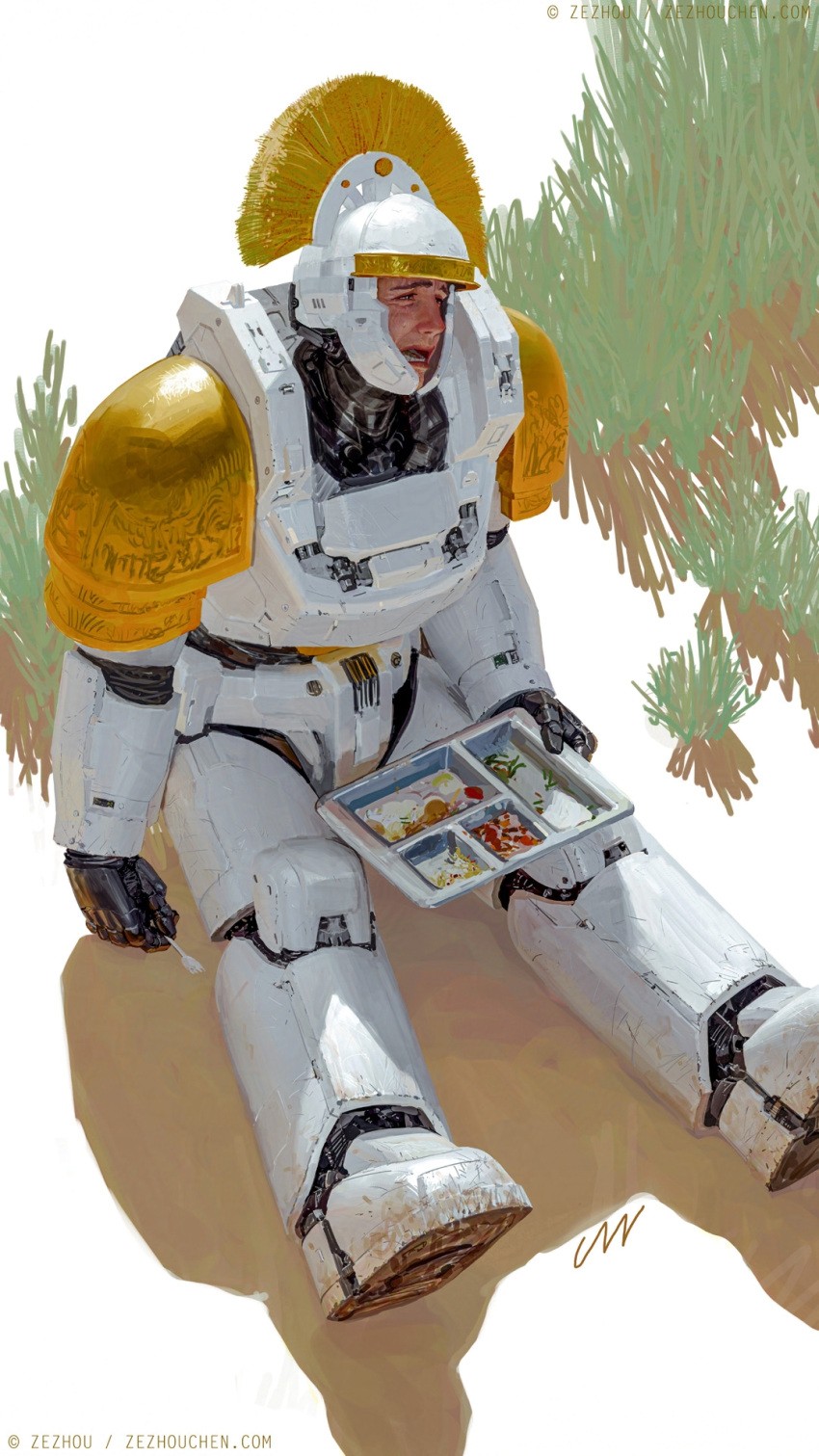 1boy, armor, crest, crying, crying_with_eyes_open, fork, gauntlets, grass, helmet, highres, holding, holding_fork, on_ground, open_mouth, pauldrons, power_armor, rimworld, shadow, shoulder_armor, sitting, solo, tears, zezhou_chen