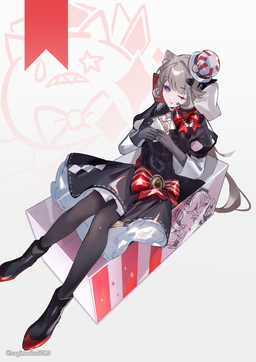 1girl, animal_ears, black_dress, black_footwear, black_gloves, black_pantyhose, boots, bow