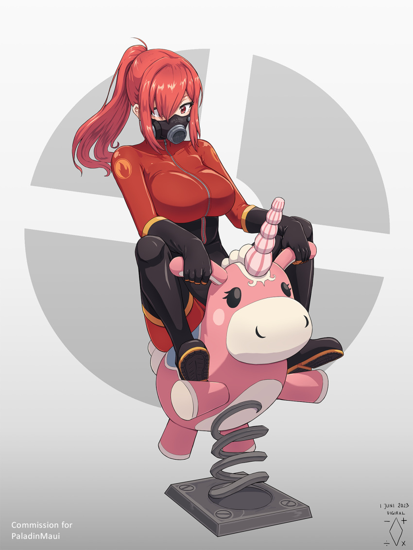 1girl, black_footwear, black_gloves, bodysuit, boots, breasts, clip_studio_paint_(medium), commission