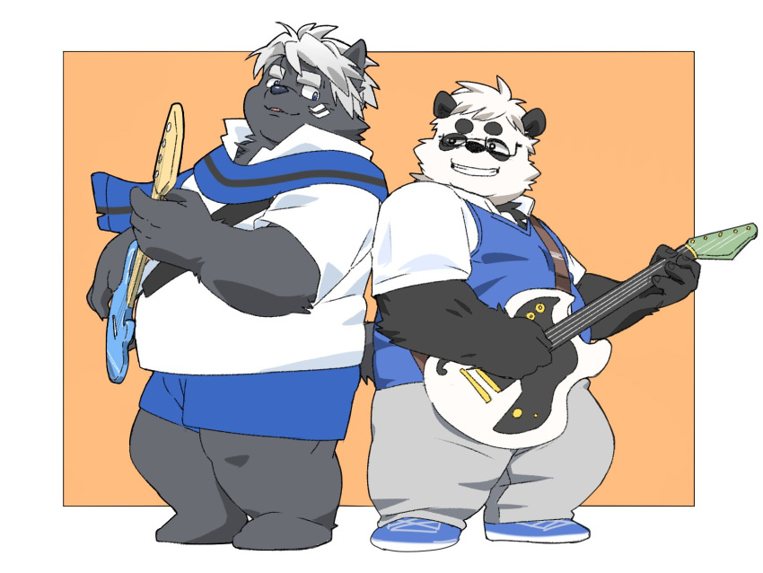 2boys, bass_guitar, black_fur, blue_footwear, blue_pants, blue_scarf, blue_sweater, commentary_request, dog_boy, dog_tail, electric_guitar, fat, furry, furry_male, glasses, guitar, highres, hoeguru_kokuba, indie_virtual_youtuber, instrument, looking_at_another, male_focus, multiple_boys, odmk_(jinnta4014), panda_boy, panda_ear_dog_ear, pants, plump, popped_collar, sasayama_akira, scarf, shirt, smile, sweater, tail, thick_eyebrows, white_fur, white_hair, white_shirt