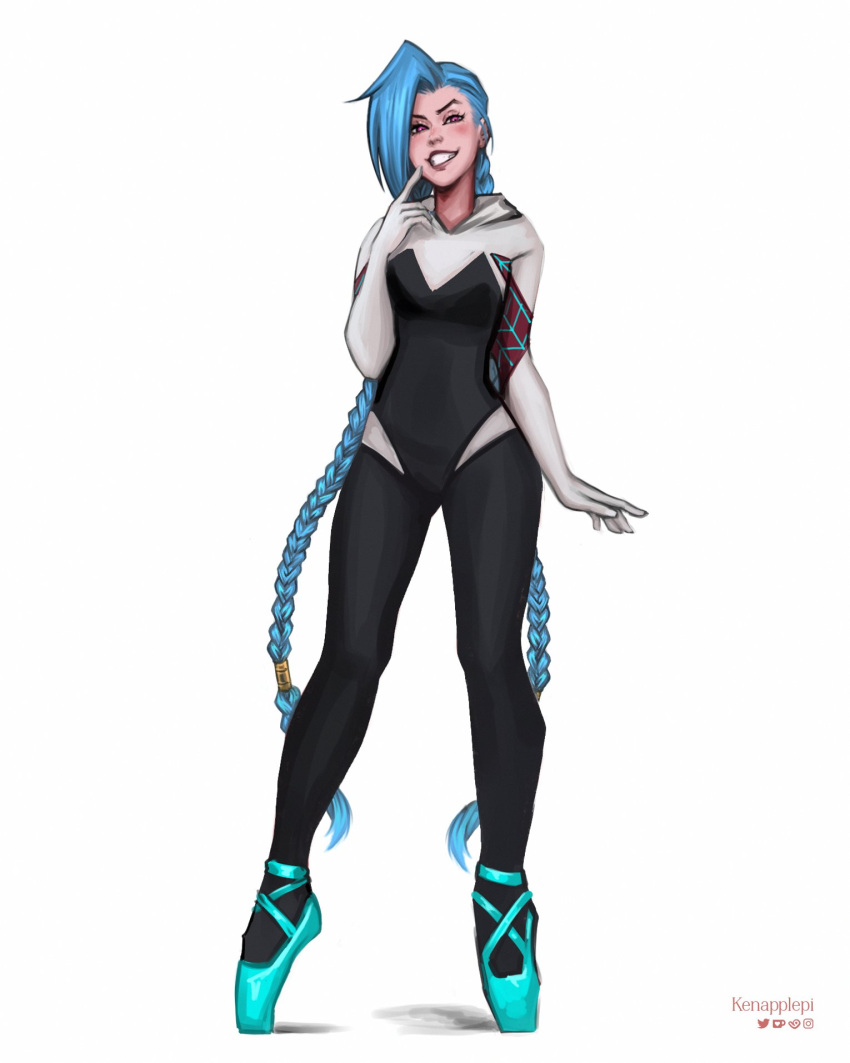 1girl, black_bodysuit, bodysuit, braid, cosplay, full_body, grin, hand_up