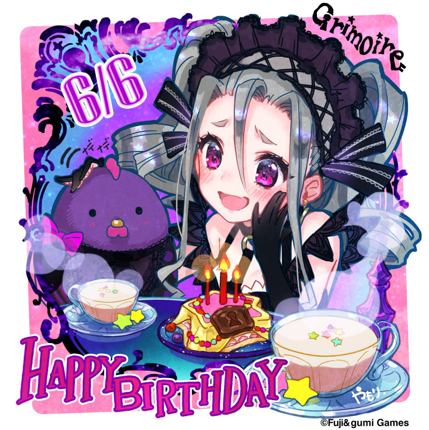 1girl, :d, artist_name, black_gloves, blush, bow, cake, character_name