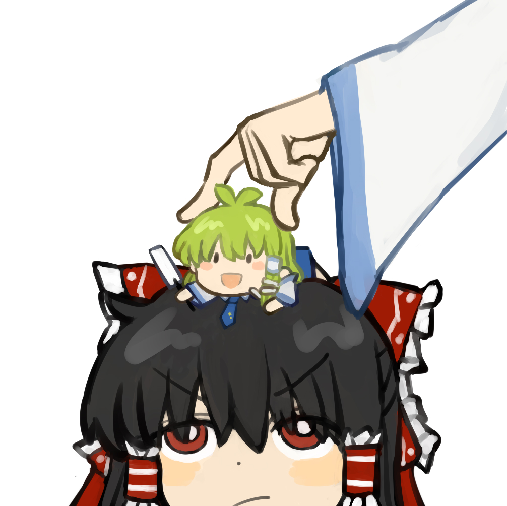 2girls, :/, :d, annoyed, antenna_hair, bare_shoulders, black_hair, blue_necktie