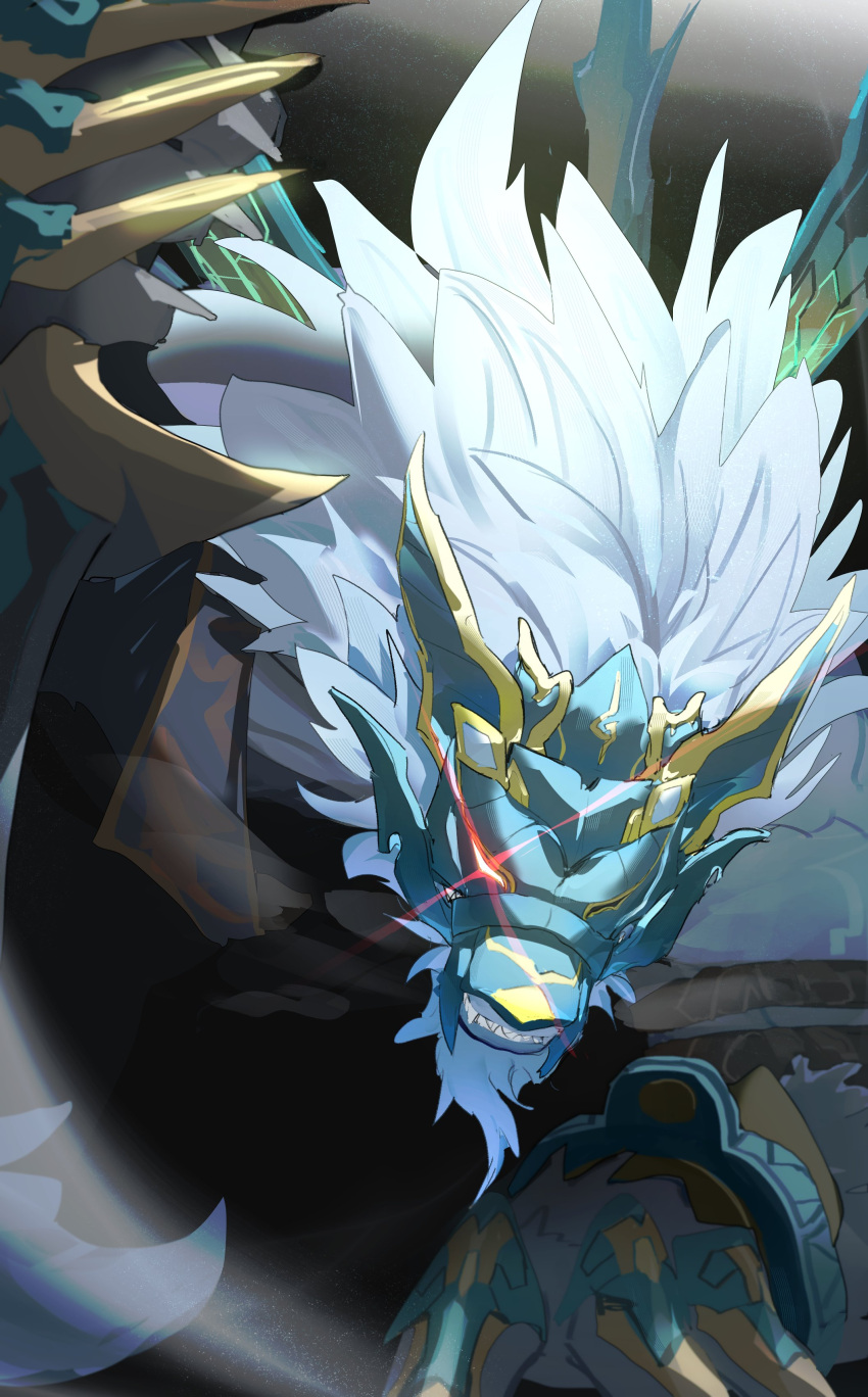 1boy, absurdres, beard, clawed_gauntlets, clenched_teeth, cuffs, english_commentary, facial_hair