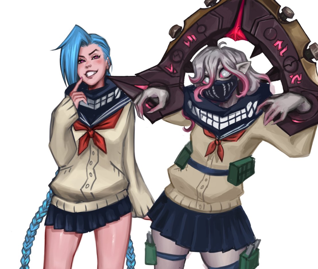 2girls, black_scarf, black_skirt, braid, briar_(league_of_legends), cosplay, cuffed, green_hair