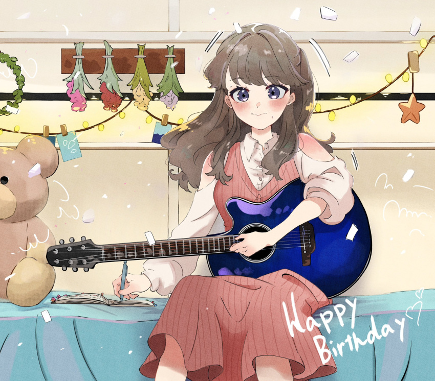 1girl, 3:, acoustic_guitar, artistic_error, blush, brown_hair, casual, closed_mouth
