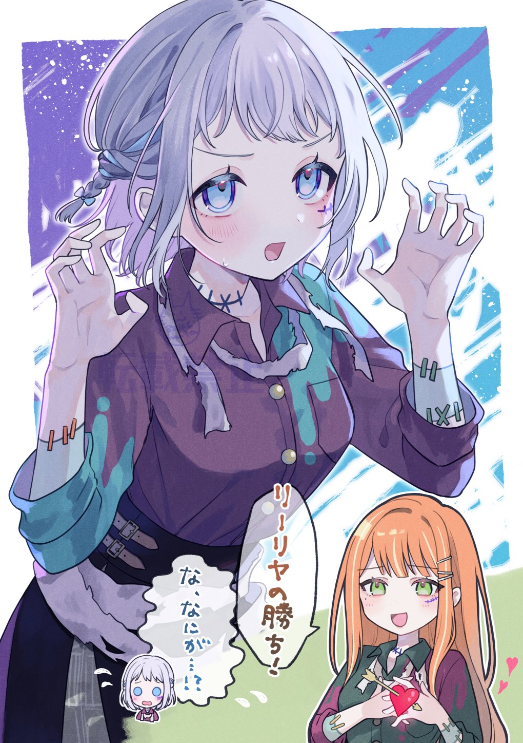 2girls, :o, arrow_through_heart, black_shirt, blue_ribbon, blush, commentary_request, flying_sweatdrops