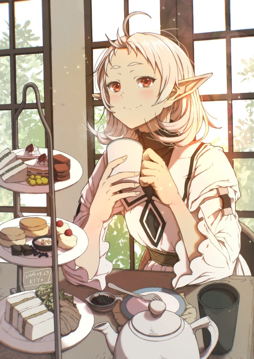 1girl, ahoge, artist_name, blush, cake, cake_slice, closed_mouth, cup