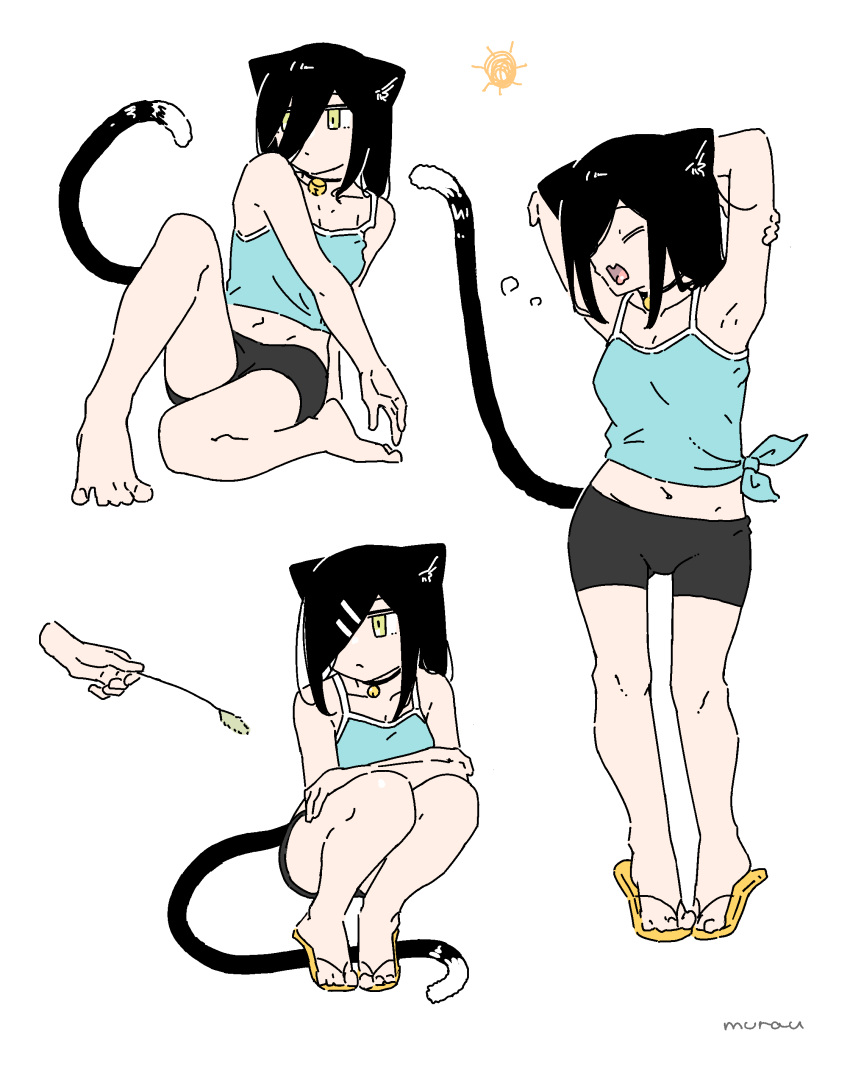 absurdres, animal_ears, arm_up, barefoot, bell, black_hair, cat_ears, cat_girl, cat_tail, hair_ornament, hair_over_one_eye, highres, navel, neck_bell, original, rid0922, short_shorts, shorts, simple_background, tail, vest, wuno-chan, yellow_eyes