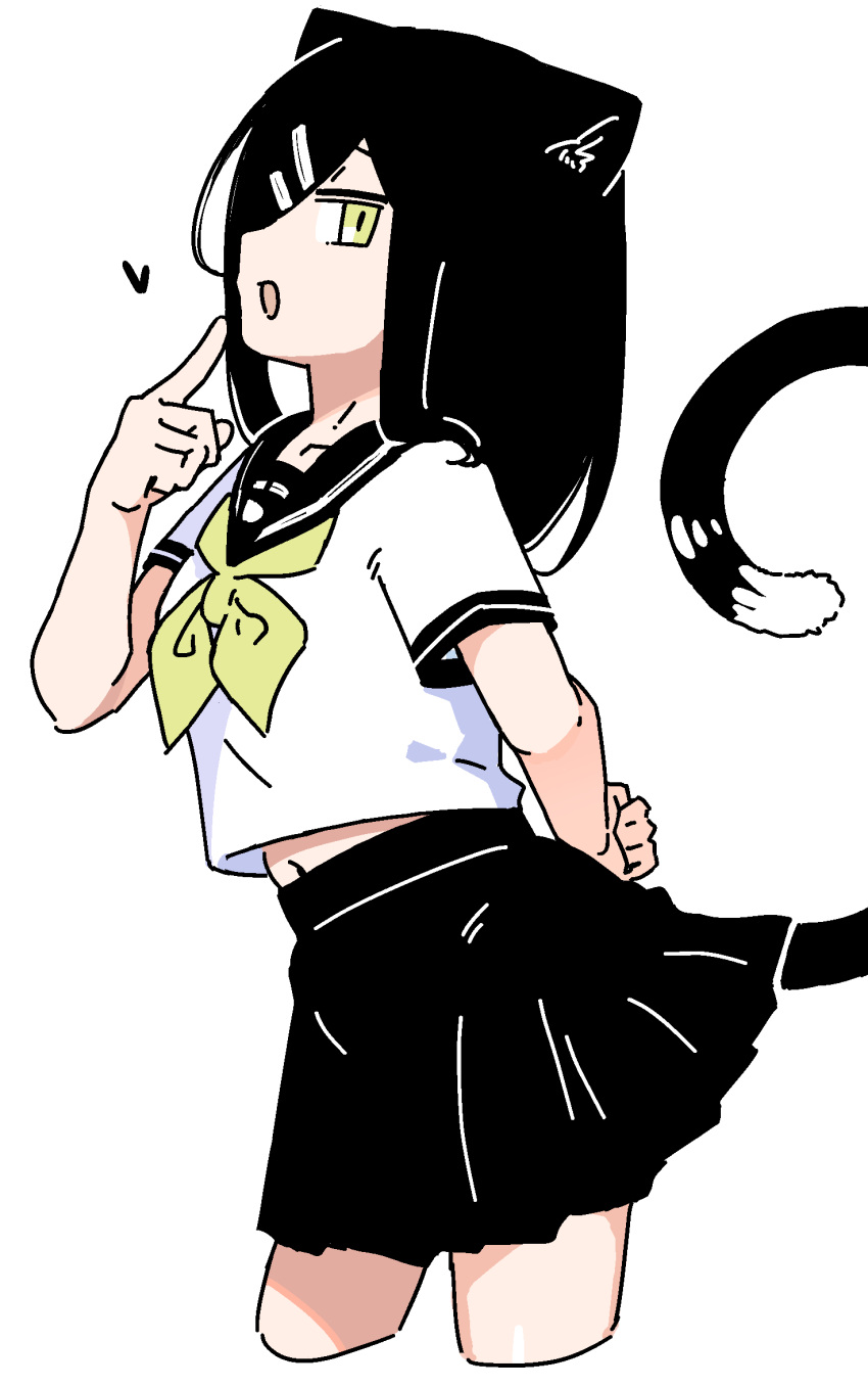 animal_ears, arm_up, black_hair, cat_ears, cat_girl, cat_tail, hair_ornament, hair_over_one_eye