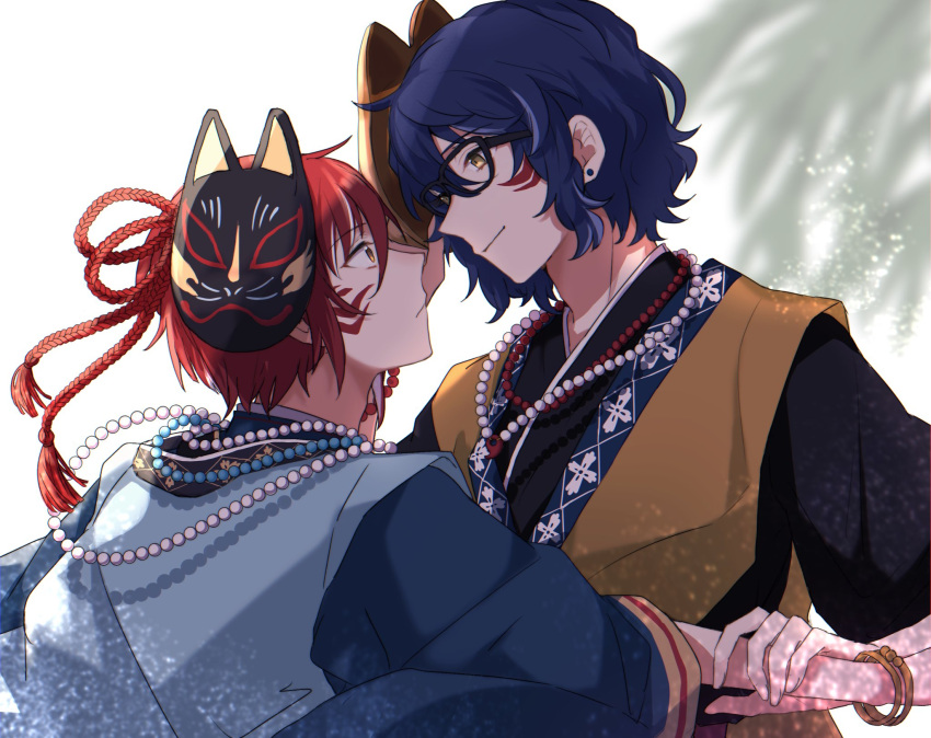 2boys, aoba_tsumugi, aoba_tsumugi_(blue-haired_onryo), bead_necklace, beads, bishounen, black-framed_eyewear, black_mask