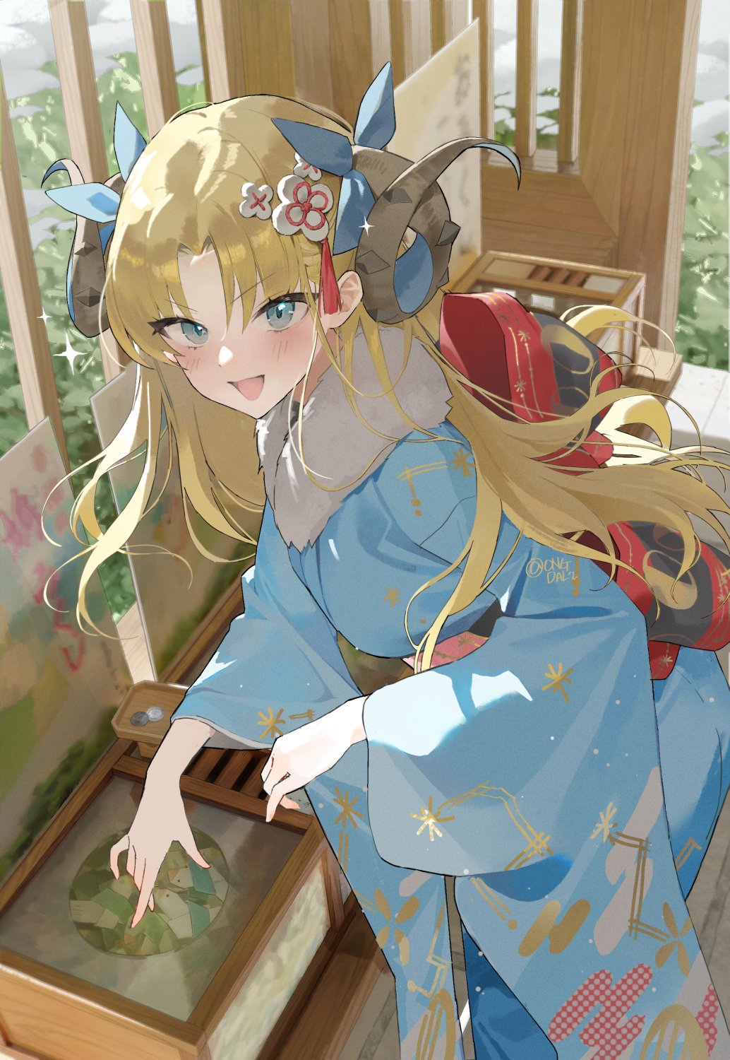 1girl, architecture, blonde_hair, east_asian_architecture, ereshkigal_(fate), fate/grand_order, fate_(series), hair_ornament