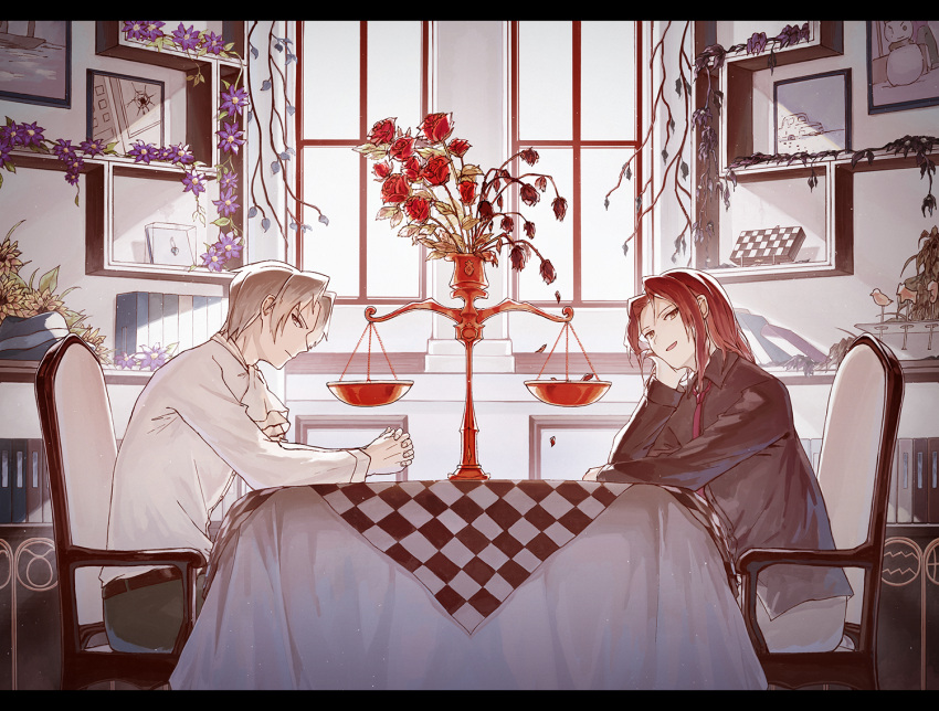 2boys, ace_attorney, ace_attorney_investigations, ace_attorney_investigations_2, ascot, balance_scale, black_shirt, checkered_tablecloth