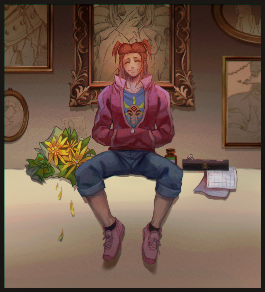 1boy, ^_^, absurdres, ace_attorney, ace_attorney_investigations, ace_attorney_investigations_2, anaizzzen, black_border, blue_shirt, border, bottle, chessboard, closed_eyes, denim, flower, hands_in_pockets, highres, houinbou_ryouken, jacket, jeans, kazami_yutaka, male_focus, miwa_marii, naitou_manosuke, pants, pants_rolled_up, paper, picture_frame, pink_jacket, redhead, sarushiro_souta, shirt, short_twintails, sitting, smile, solo, spoilers, twintails, yellow_flower