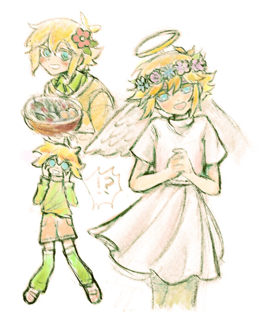 !?, 1boy, alternate_costume, angel, angel_wings, basil_(faraway)_(omori), basil_(omori), blonde_hair, blue_eyes, blush, brown_shorts, brown_sweater, collared_shirt, fake_halo, fake_wings, flower, green_shirt, green_theme, hair_flower, hair_ornament, halo, head_wreath, highres, lilac_aesthetic, long_sleeves, looking_at_viewer, male_focus, omori, open_mouth, own_hands_clasped, own_hands_together, shirt, shirt_under_sweater, short_hair, short_sleeves, shorts, simple_background, smile, solo, speech_bubble, spoken_interrobang, sweater, white_background, wings