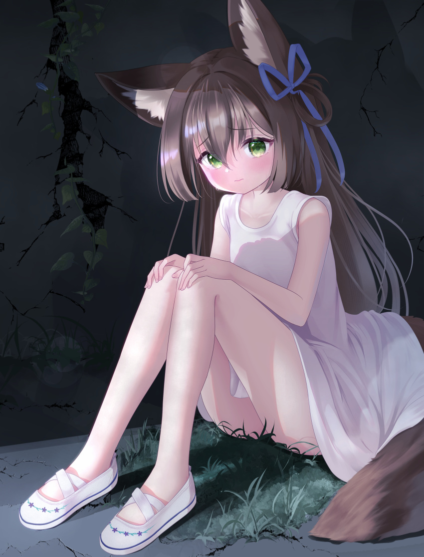 1girl, absurdres, animal_ear_fluff, animal_ears, bare_legs, brown_hair, crack, cracked_wall