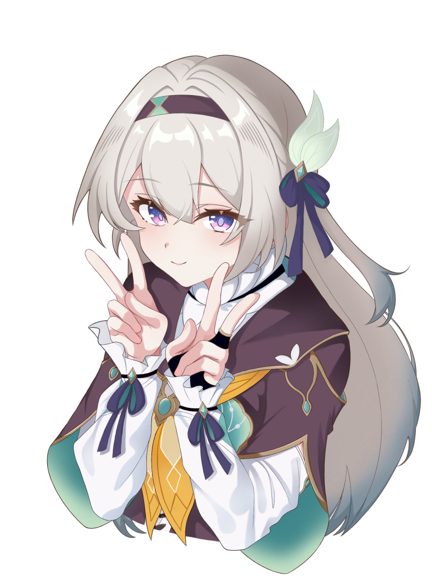 1girl, black_bridal_gauntlets, black_hairband, black_jacket, bridal_gauntlets, closed_mouth, commentary_request, cropped_torso, double_v, firefly_(honkai:_star_rail), grey_hair, hair_between_eyes, hair_ornament, hairband, hands_up, highres, honkai:_star_rail, honkai_(series), jacket, koyasu12008, long_hair, long_sleeves, looking_at_viewer, neckerchief, orange_neckerchief, shirt, simple_background, single_bridal_gauntlet, smile, solo, two-tone_eyes, upper_body, v, white_background, white_shirt