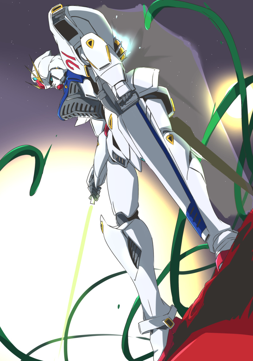 beam_rifle, beam_saber, energy_gun, energy_sword, f91_gundam, from_below, glowing, green_eyes