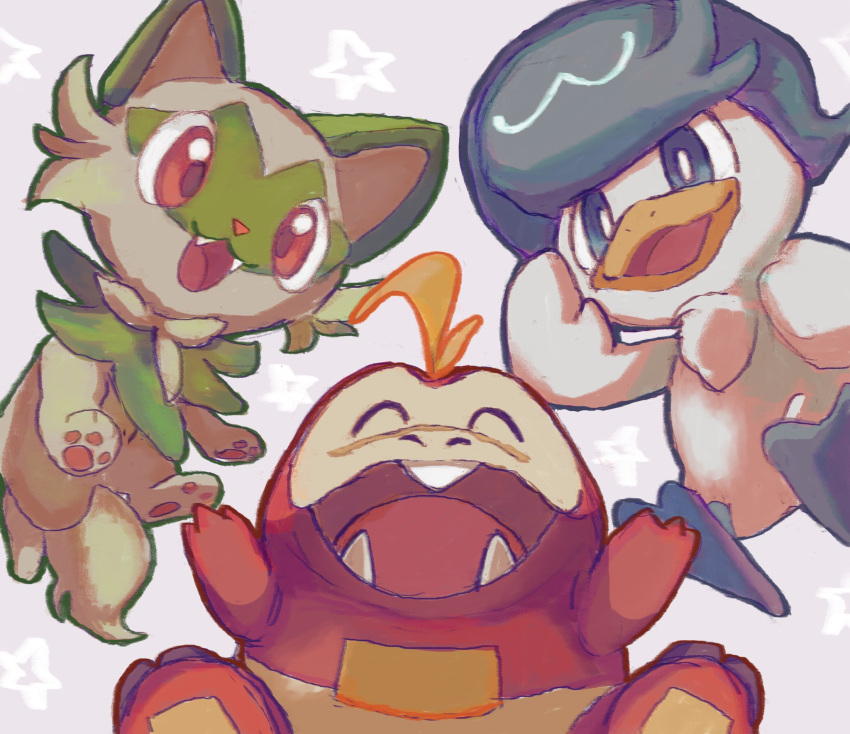 animal_hands, blue_eyes, closed_eyes, fangs, fuecoco, happy, highres, no_humans