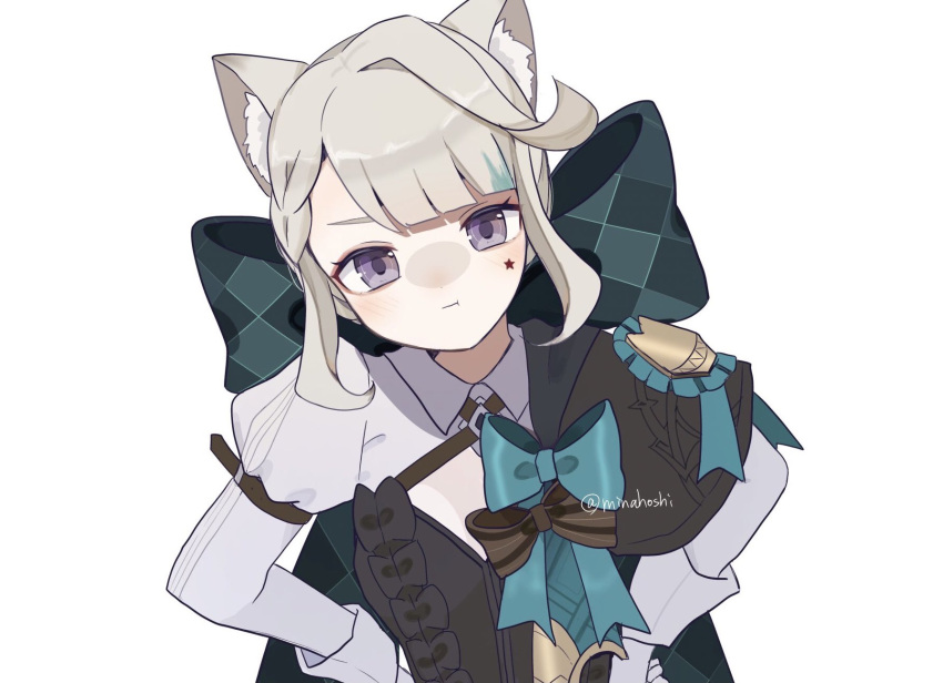 1girl, :t, animal_ear_fluff, black_leotard, bow, cat_girl, commentary_request, facial_mark