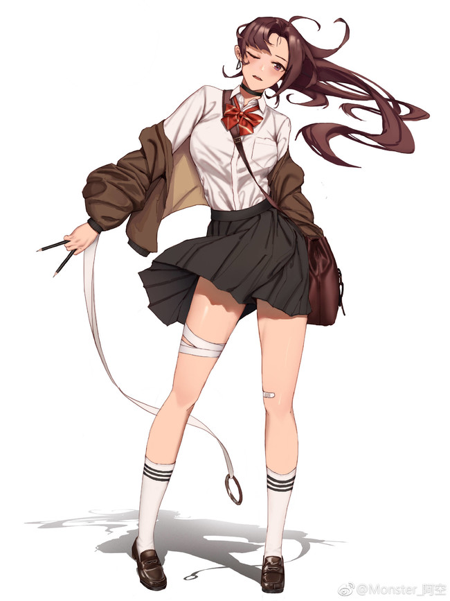 1girl, ahoge, ankle_socks, bad_bcy_id, bad_id, bag, bandaged_leg, bandages