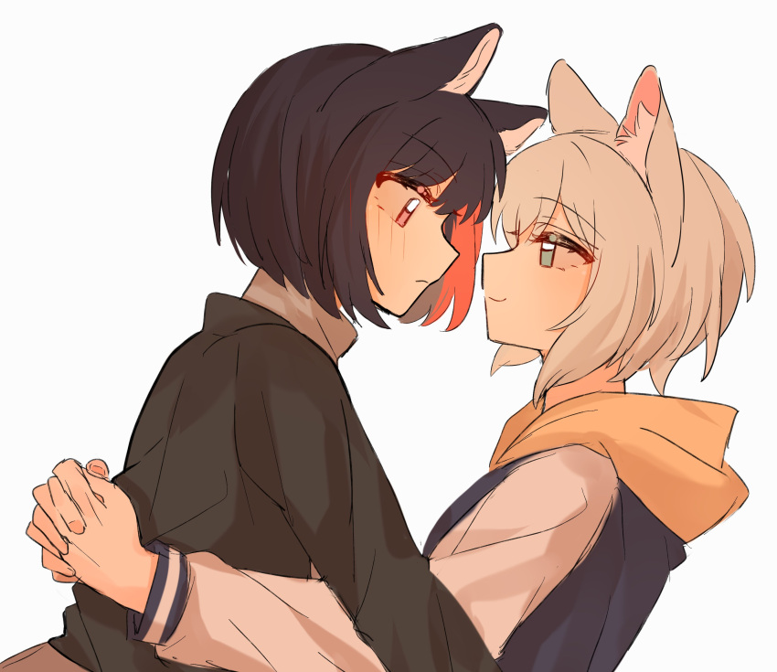 2girls, absurdres, animal_ears, aoba_moca, arms_around_waist, bang_dream!, black_hair, black_shirt