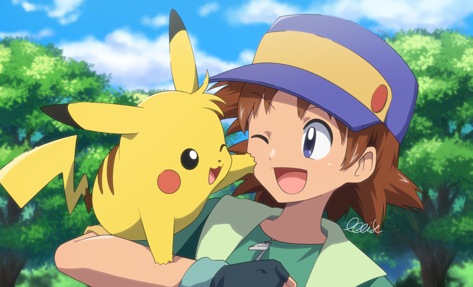 1boy, ;d, brown_hair, clouds, commentary_request, day, fingerless_gloves, gloves