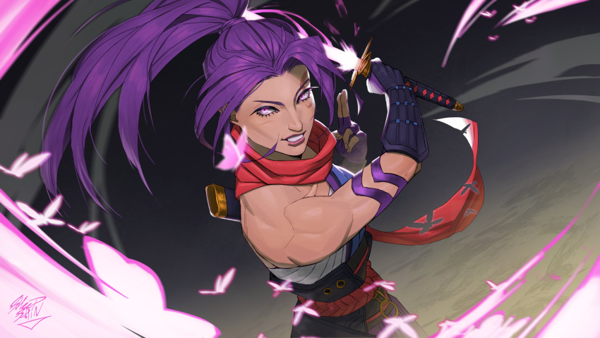 1girl, absurdres, animification, bare_shoulders, breasts, highres, holding, holding_sword, holding_weapon, japanese_clothes, katana, kimono, long_hair, looking_at_viewer, marvel, marvel_rivals, ninja, psylocke, purple_hair, sarashi, sheep_shin, smile, solo, sword, violet_eyes, weapon, x-men