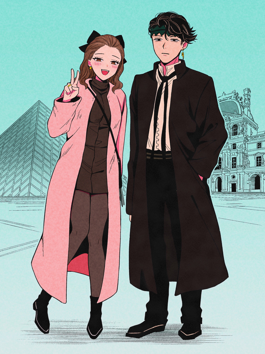 1boy, 1girl, absurdres, black_bow, black_coat, black_eyes, black_footwear, black_hair