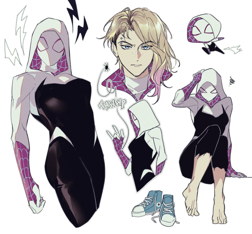 1girl, black_bodysuit, blonde_hair, blue_eyes, bodysuit, eyebrow_piercing, gugusam0, gwen_stacy