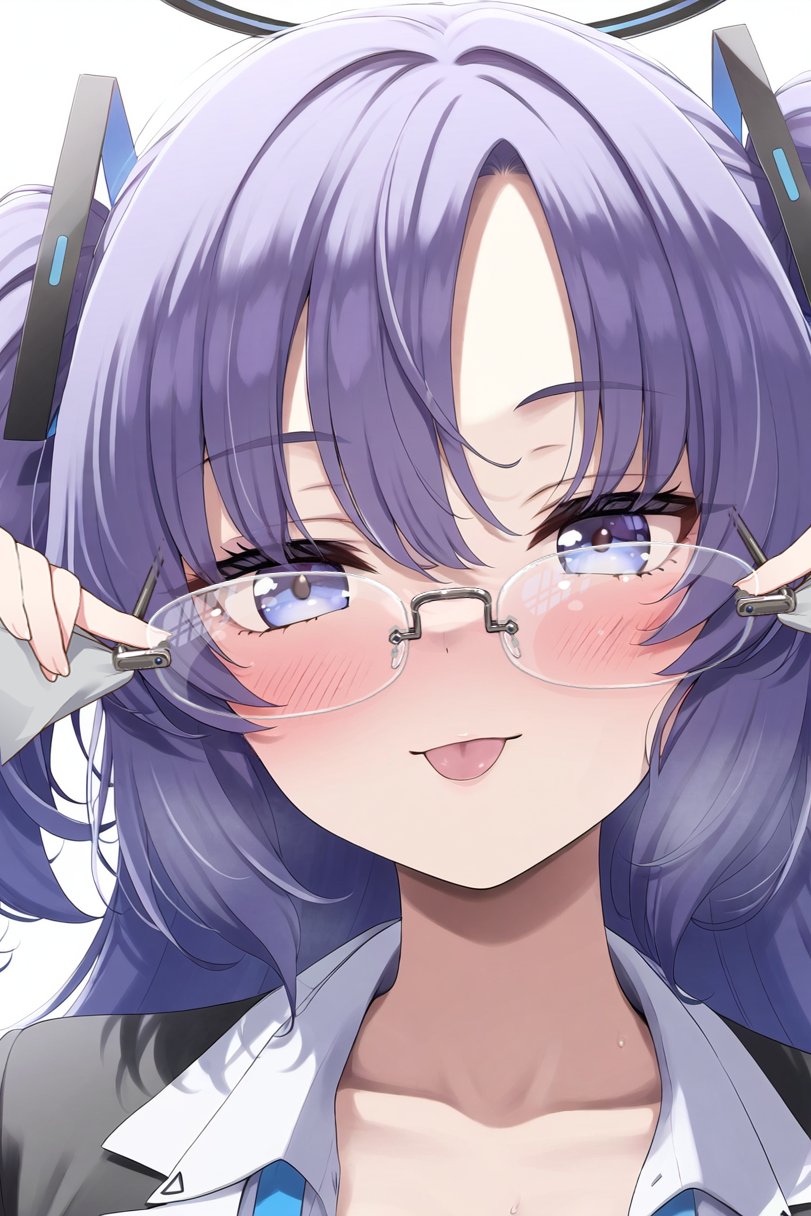 1girl, ai-generated, bespectacled, black_halo, black_jacket, blue_archive, blue_eyes, blush