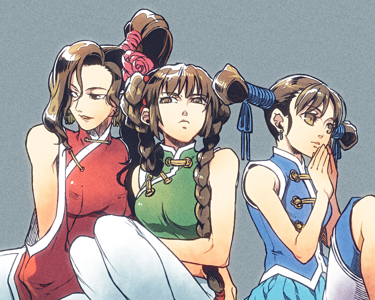 80s, 90s, bare_shoulders, bei_pooh, braid, brown_eyes, brown_hair, capcom, character_request, china_dress, chinese_clothes, hpa_(pixiv), long_hair, multiple_girls, oldschool, sai_pooh, simple_background, strider_(video_game), ton_pooh, tong_poo, twin_braids, video_game