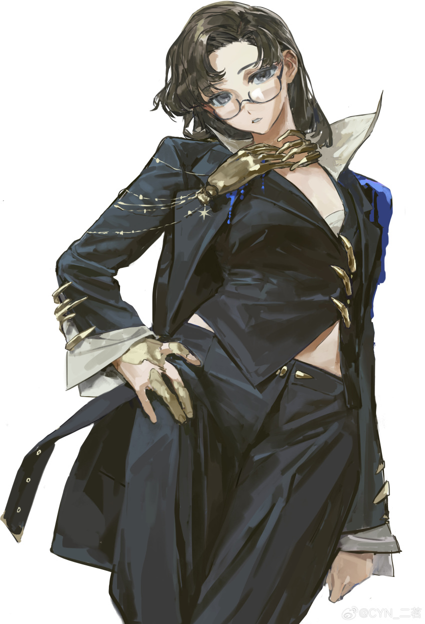 1girl, absurdres, alternate_costume, black-framed_eyewear, black_eyes, black_hair, black_jacket, black_pants