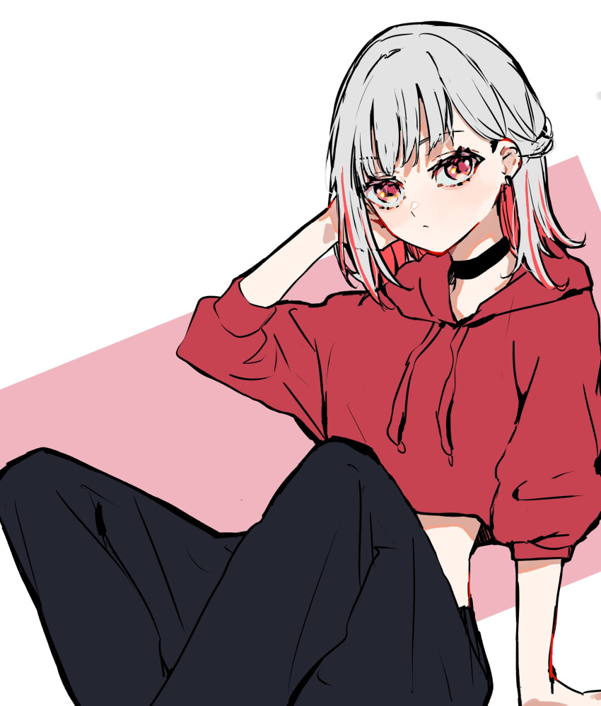 1girl, alternate_costume, alternate_hairstyle, arm_up, black_choker, black_pants, blush, choker, closed_mouth, colored_inner_hair, commentary_request, feet_out_of_frame, flipped_hair, grey_hair, half_up_braid, highres, hood, hoodie, jin_(oihlf), light_frown, like_and_redraw_challenge, link!_like!_love_live!, looking_at_viewer, love_live!, medium_hair, midriff, multicolored_hair, pants, red_background, red_eyes, red_hoodie, redhead, sitting, sleeves_past_elbows, solo, streaked_hair, virtual_youtuber, white_background, yugiri_tsuzuri