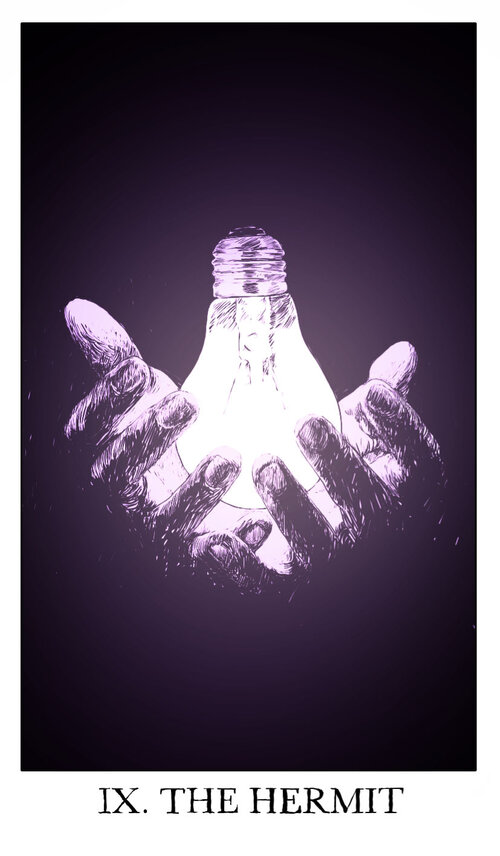black_background, blending, border, card_(medium), dark, english_text, glowing, holding, jessica_hayworth, light_bulb, monochrome, object_floating_above_hand, outstretched_hand, purple_light, purple_theme, surreal, tarot, tarot_(medium), the_hermit_(tarot), welcome_to_night_vale, white_border