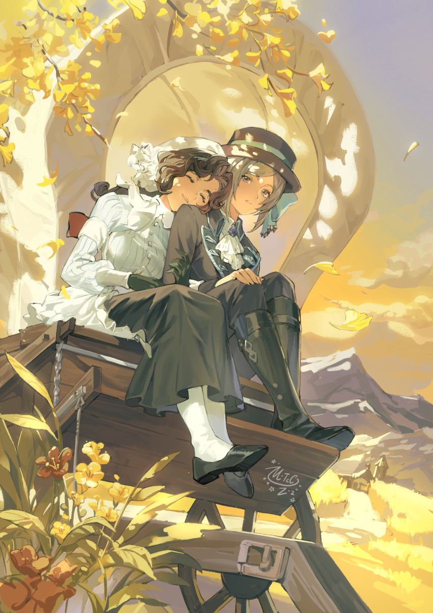 2girls, ^_^, absurdres, anjo_nala, artist_name, ascot, autumn_leaves, black_coat