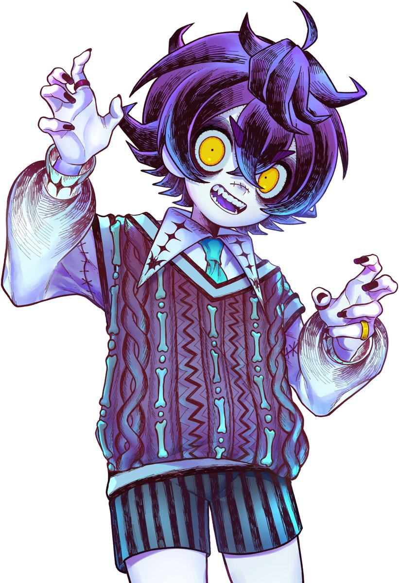 1boy, aqua_necktie, arm_up, bishounen, black_nails, bone_print, cable_knit, claw_pose
